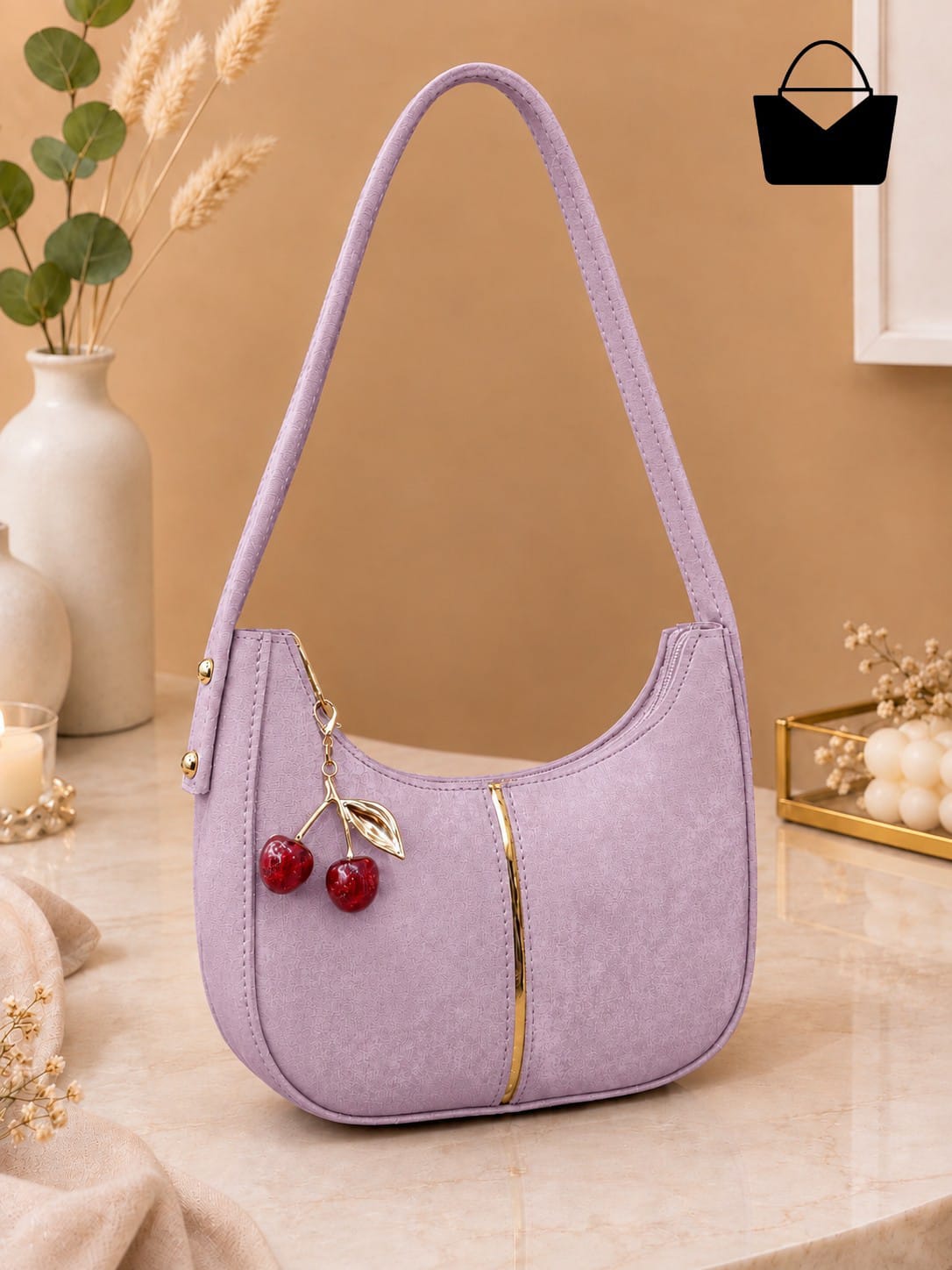 Moon Shape Women's Shoulder Bag with Golden Cherry Keychain – Textured PU Leather