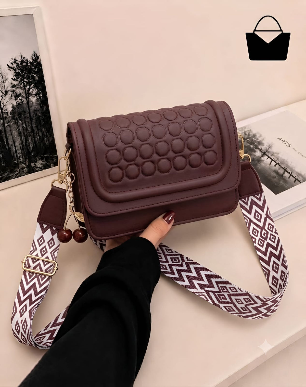 Cherry Crossbody Purse for Women – Golden Adjustable Strap & Cute Cherry Keychain