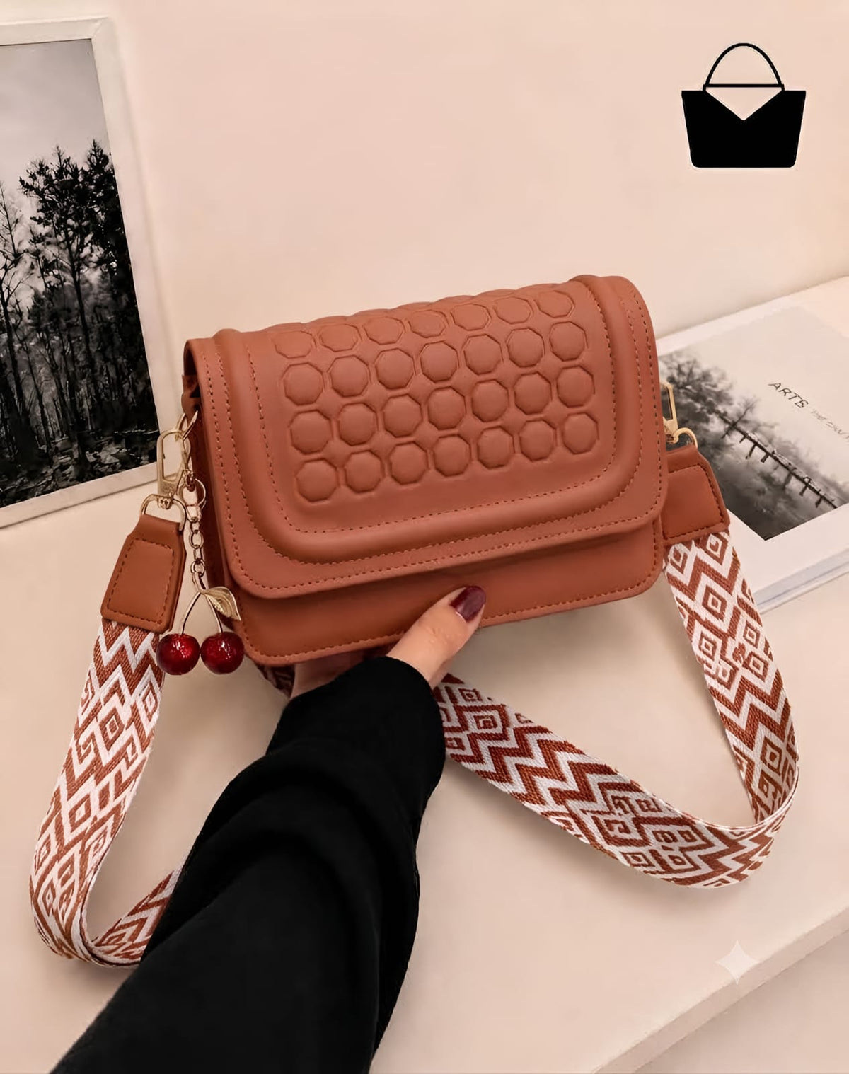 Cherry Crossbody Purse for Women – Golden Adjustable Strap & Cute Cherry Keychain