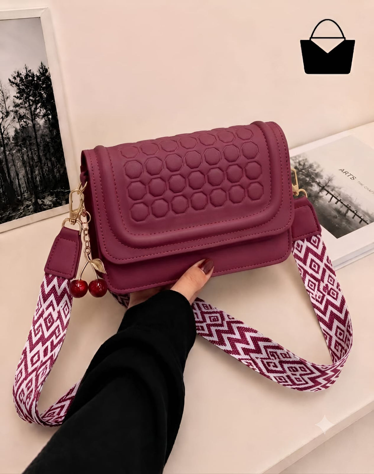 Cherry Crossbody Purse for Women – Golden Adjustable Strap & Cute Cherry Keychain