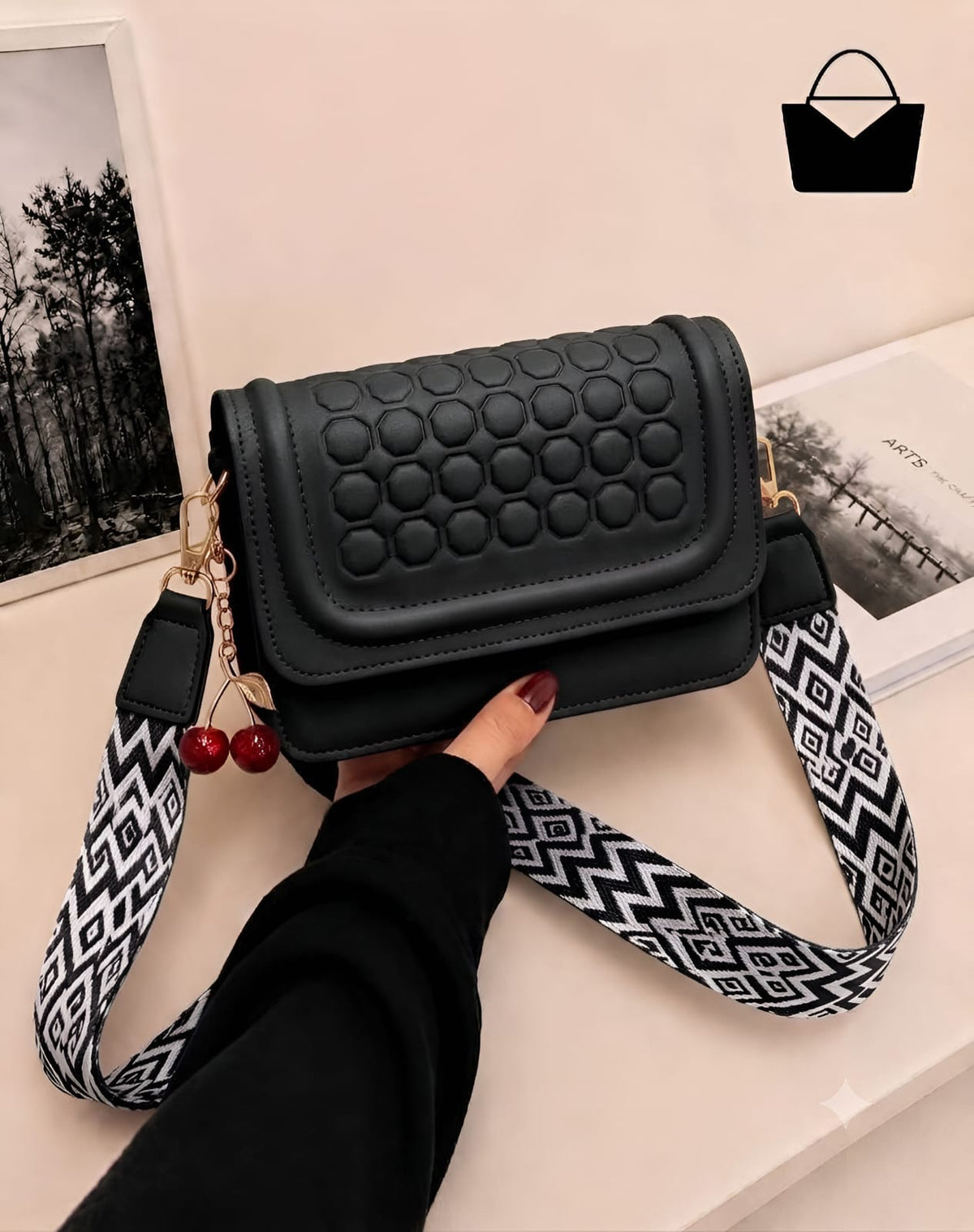 Cherry Crossbody Purse for Women – Golden Adjustable Strap & Cute Cherry Keychain