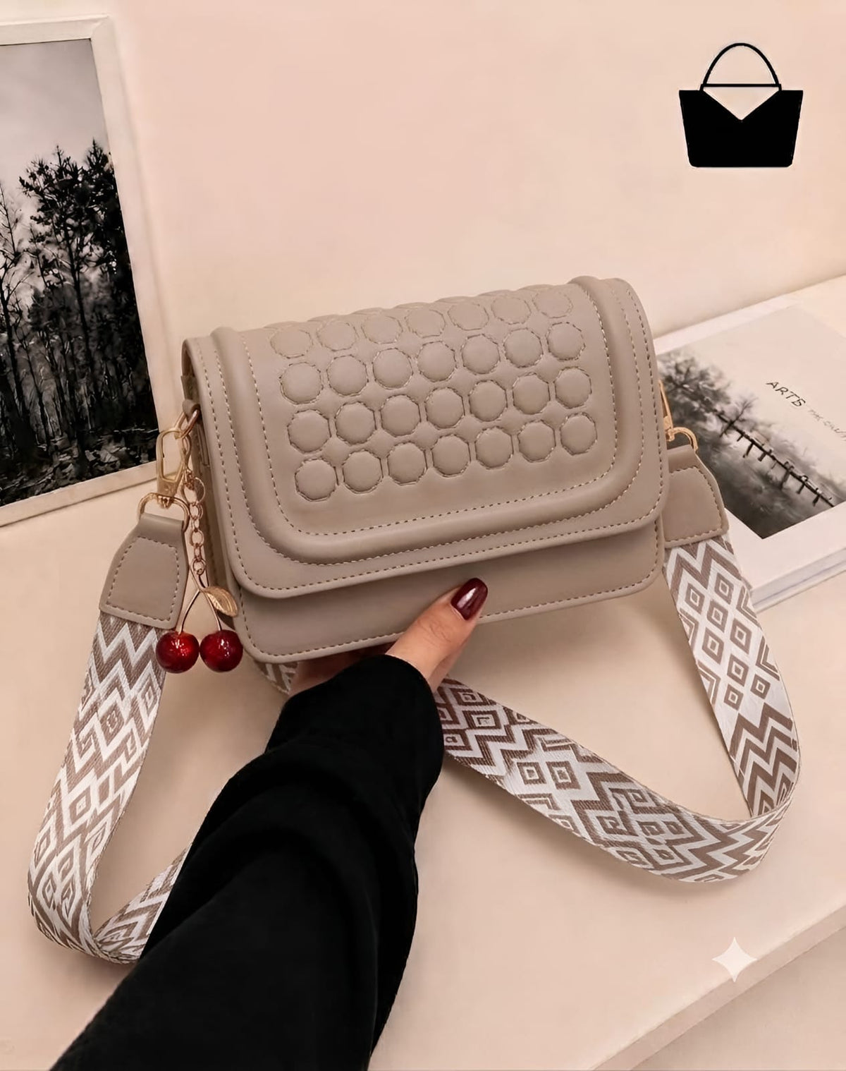 Cherry Crossbody Purse for Women – Golden Adjustable Strap & Cute Cherry Keychain