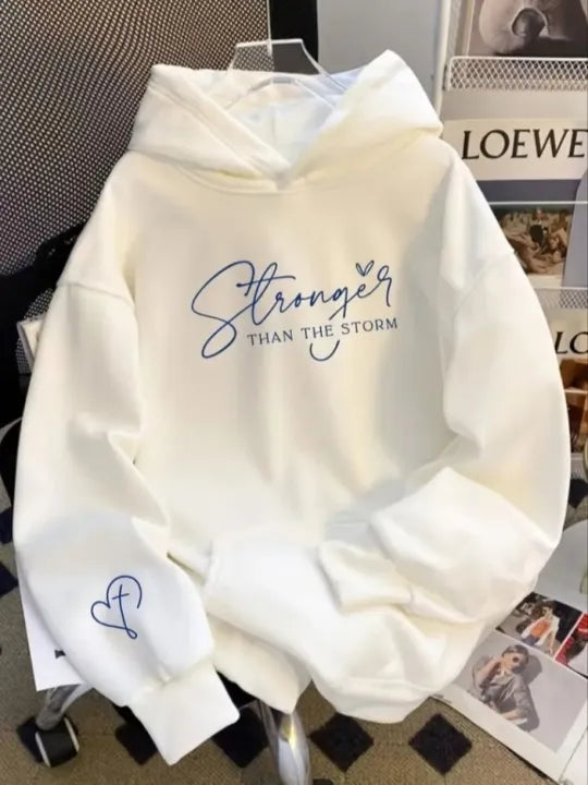 Women’s White “Stronger Than The Storm” Printed Hoodie | Inspirational Streetwear