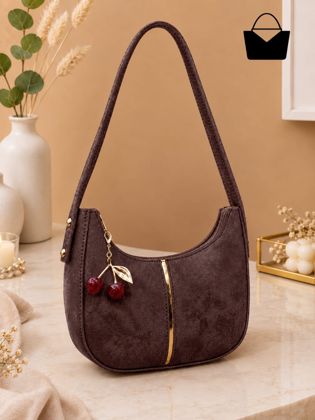 Moon Shape Women's Shoulder Bag with Golden Cherry Keychain – Textured PU Leather