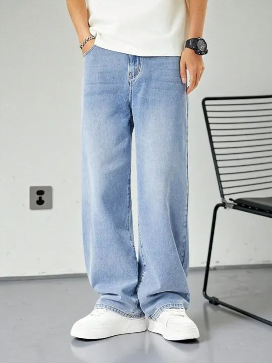 Men’s Light Blue Baggy Fit Denim Jeans – Casual Wide Leg Streetwear Pants