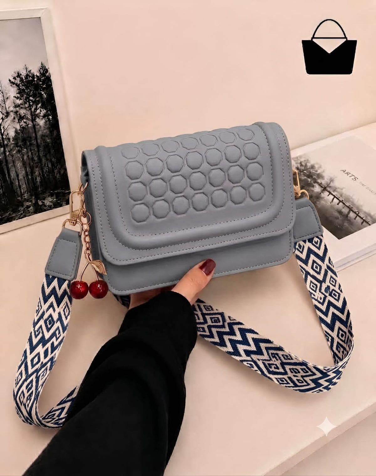 Cherry Crossbody Purse for Women – Golden Adjustable Strap & Cute Cherry Keychain