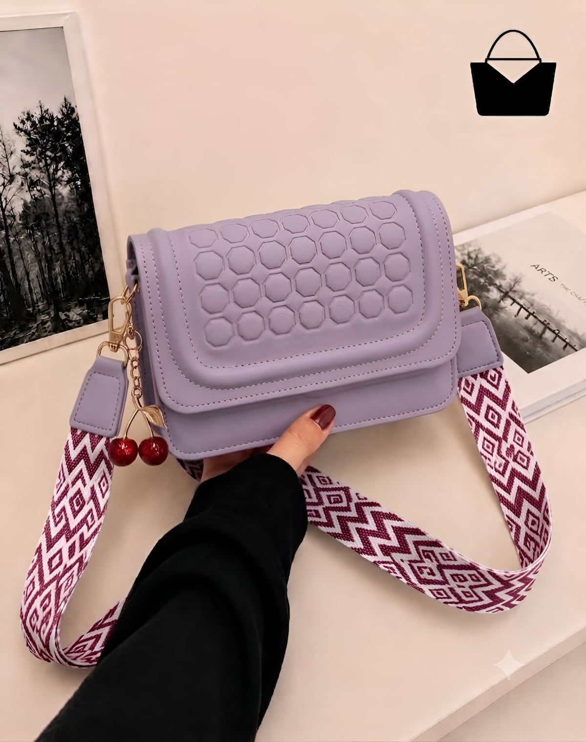Cherry Crossbody Purse for Women – Golden Adjustable Strap & Cute Cherry Keychain