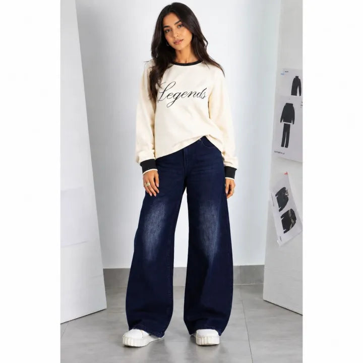 Navy Blue Washed Unisex Korean Style Baggy Highwaist Premium Quality Wide Leg Baggy Jeans For Women & Girls