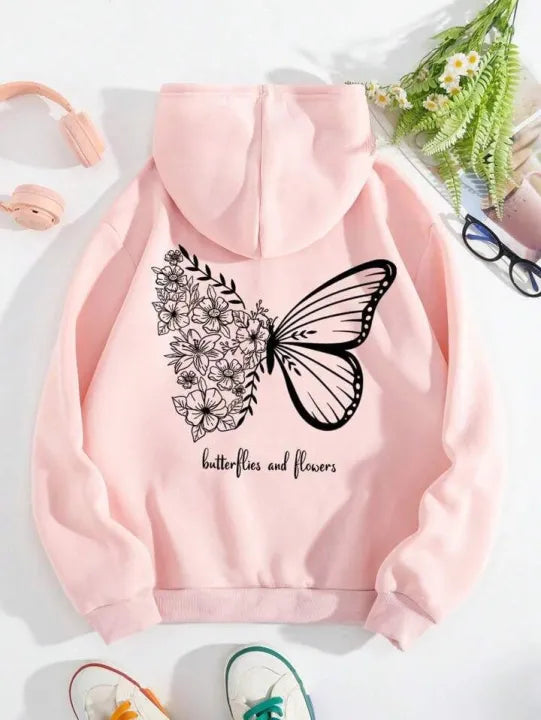 Pink Butterfly Printed Hoodie | Cute Women’s Casual Streetwear 🦋