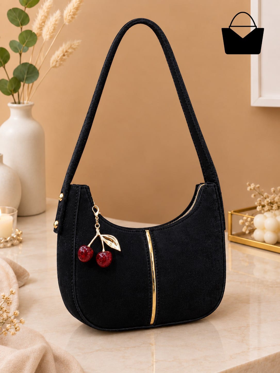 Moon Shape Women's Shoulder Bag with Golden Cherry Keychain – Textured PU Leather