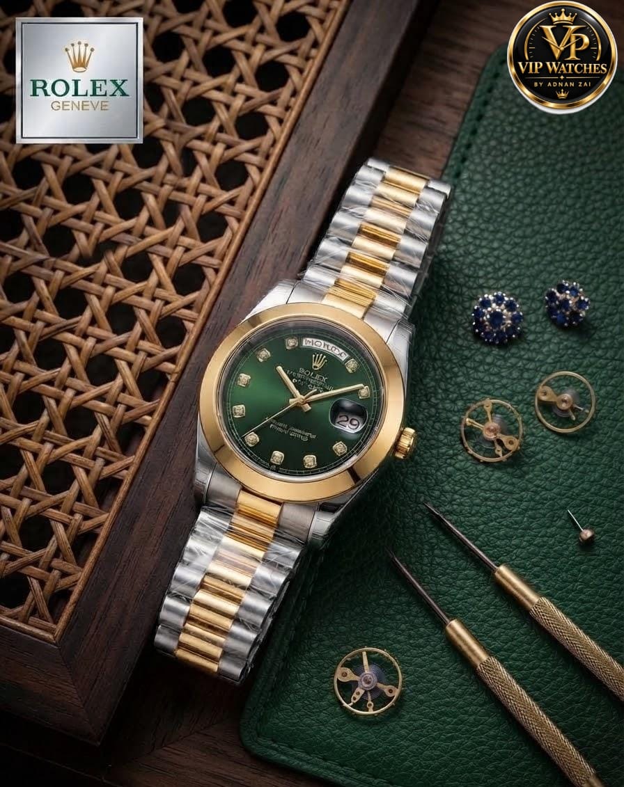 Rolex Day-Date Men's Watch with Working Day & Date, Heavy Metal Steel Chain & Gift Box