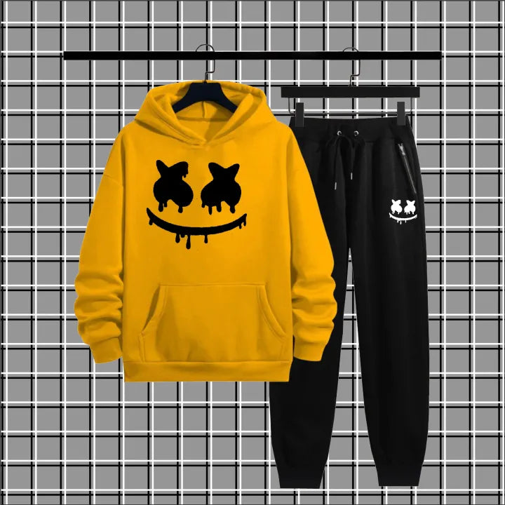 Yellow and black printed winter wear premium quality hood tracksuit for men and boys