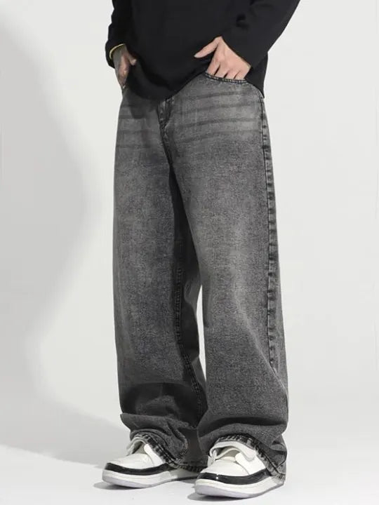Men's Baggy Hip Hop Jeans Wide Leg Skater Denim Pants Casual Loose Fit Long Trousers Streetwear