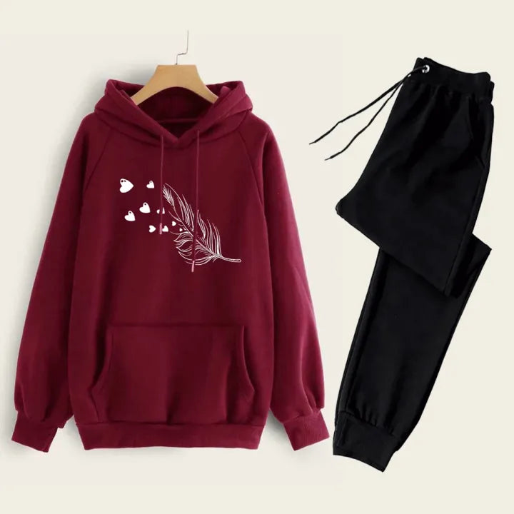 Trendy Fashion Feather Heart Printed Fleece Hoodies and Trouser