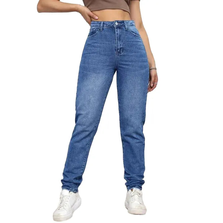 Women Blue High Waist Mom Fit Denim Jeans | Export Quality | ZRANZIE