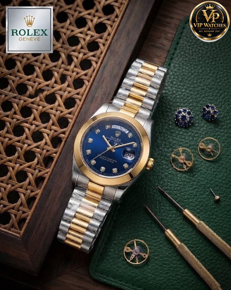 Rolex Day-Date Men's Watch with Working Day & Date, Heavy Metal Steel Chain & Gift Box
