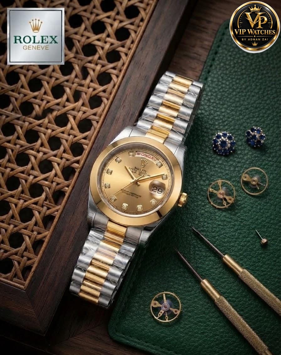 Rolex Day-Date Men's Watch with Working Day & Date, Heavy Metal Steel Chain & Gift Box