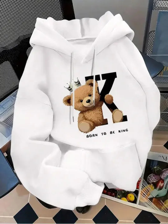 White Teddy Bear Print Hoodie for Women – Cute Casual Graphic