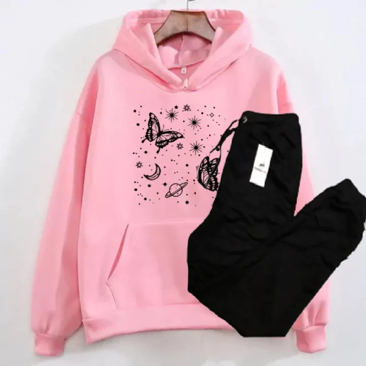 Women Galaxy Butterfly High Quality Winter Fleece Casual Printed Hoodie + Trouser Track Suit