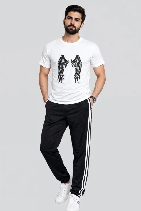 Hinz Men’s Angel Wings Print T-Shirt & Black Stripe Trouser Set Round Neck T Shirt