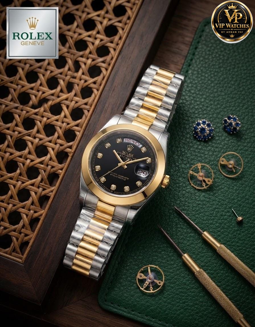Rolex Day-Date Men's Watch with Working Day & Date, Heavy Metal Steel Chain & Gift Box