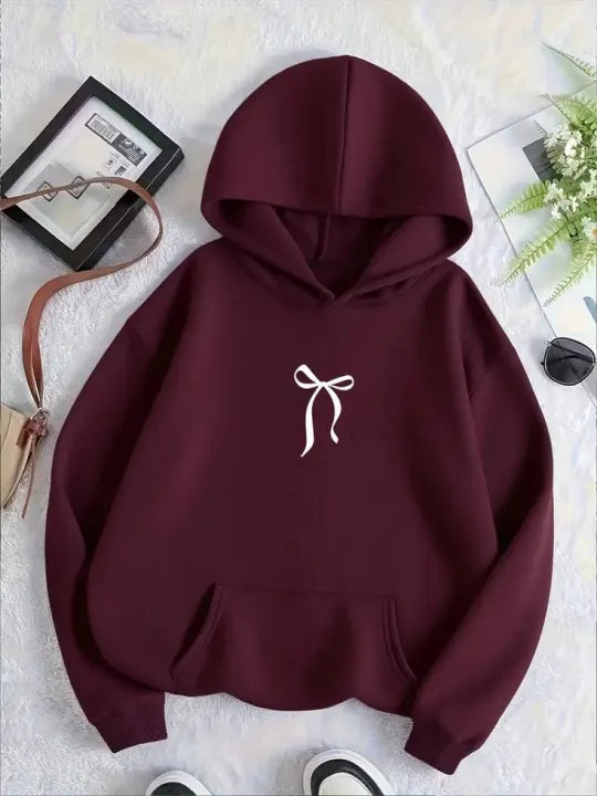 Women’s Maroon Bow Graphic Hoodie – Cute & Trendy Casual