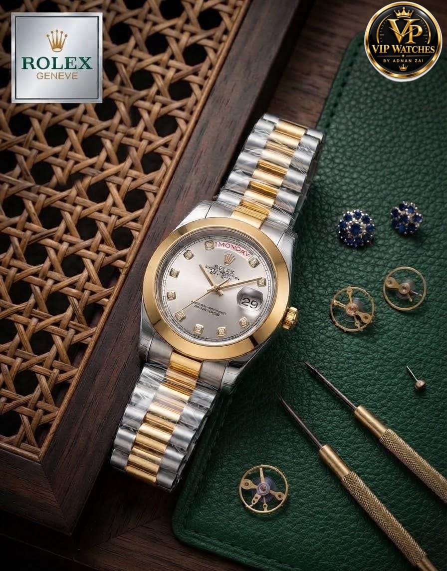 Rolex Day-Date Men's Watch with Working Day & Date, Heavy Metal Steel Chain & Gift Box