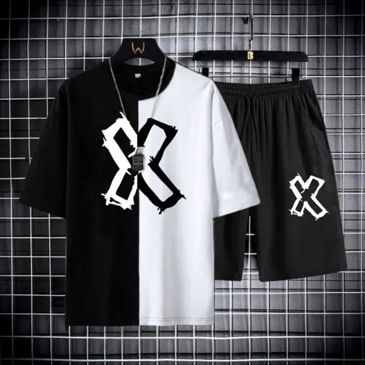 Black & White Trendy X Printed Tracksuit For Men - T shirt & Short Tracksuit
