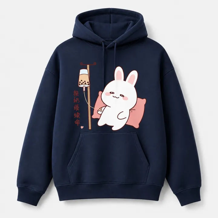 Women’s Navy Blue Cute Bunny Boba IV Drip Graphic Hoodie – Kawaii Casual