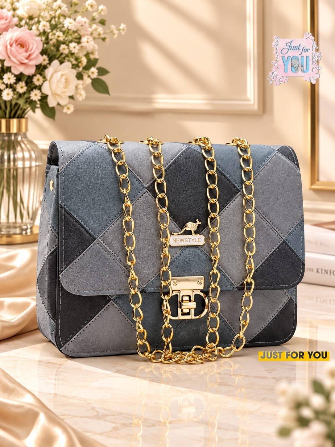 Women's Elegant Quilted Shoulder Bag with Golden Chain Strap