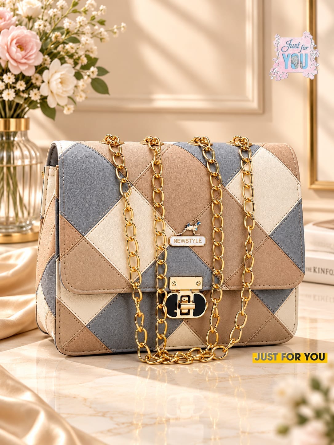 Women's Elegant Quilted Shoulder Bag with Golden Chain Strap