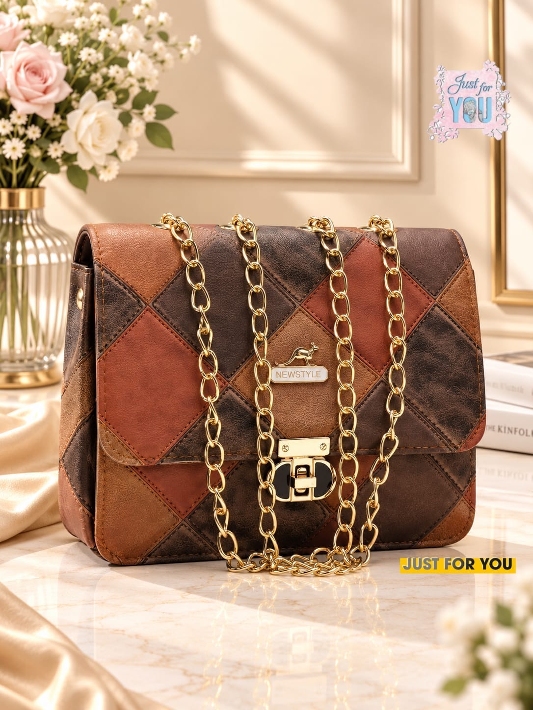 Women's Elegant Quilted Shoulder Bag with Golden Chain Strap