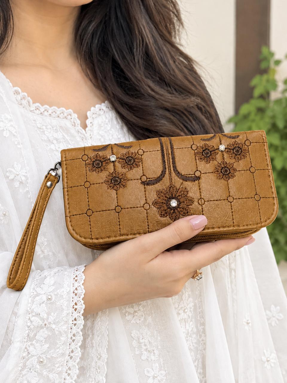 Women's Embroidered Hand Wallet with Wrist Strap