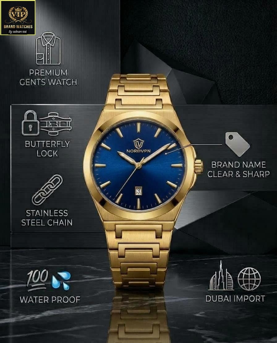 Men’s NordVPN Gold-Plated Luxury Watch ⌚ | Dubai Import, Date Display & Premium Stainless Steel Bracelet ✨