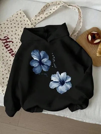 Women’s Black & Blue Floral Graphic Hoodie | Trendy Casual Streetwear