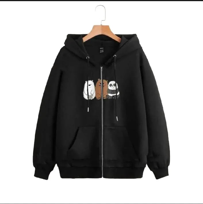 Women’s Black 3 Bear Printed Zipper Hoodie – Trendy Winter
