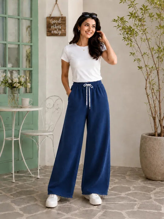 Women's Baggy Wide Leg Jeans Pants | Adjustable Elastic Drawstring Waist – Soft Comfortable Jean Beggi Pants