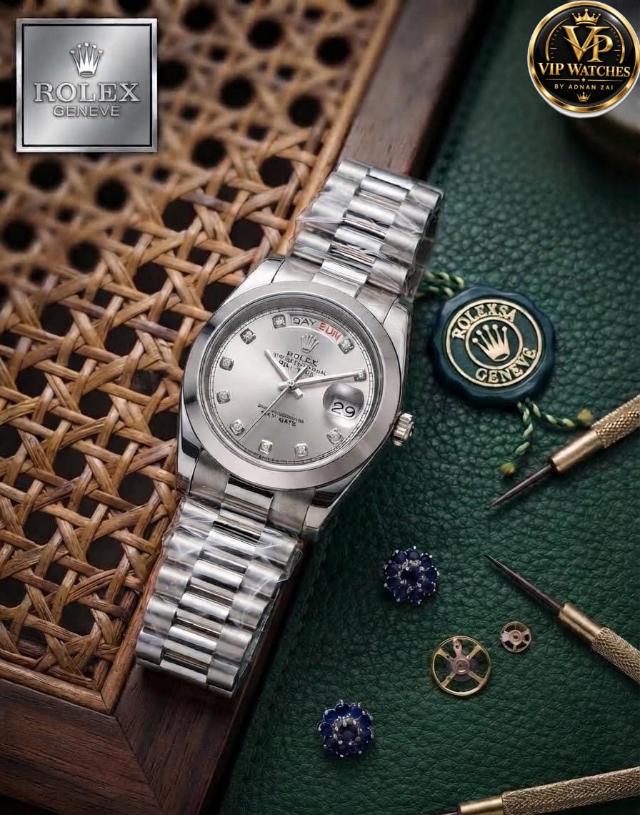 Rolex Day-Date Men's Watch with Working Day & Date, Heavy Metal Steel Chain & Gift Box