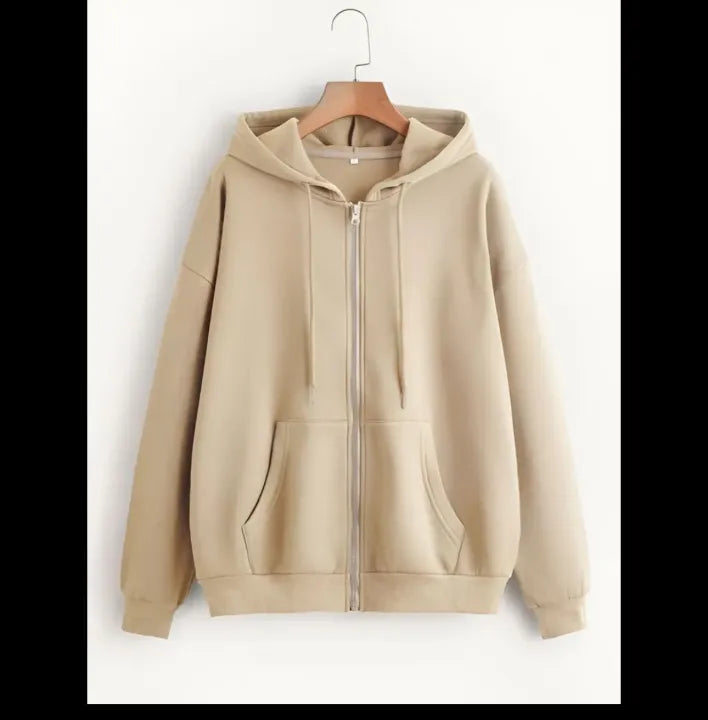 Women’s Beige Printed Fleece Hoodie – Premium Winter Full-Sleeve Zipper