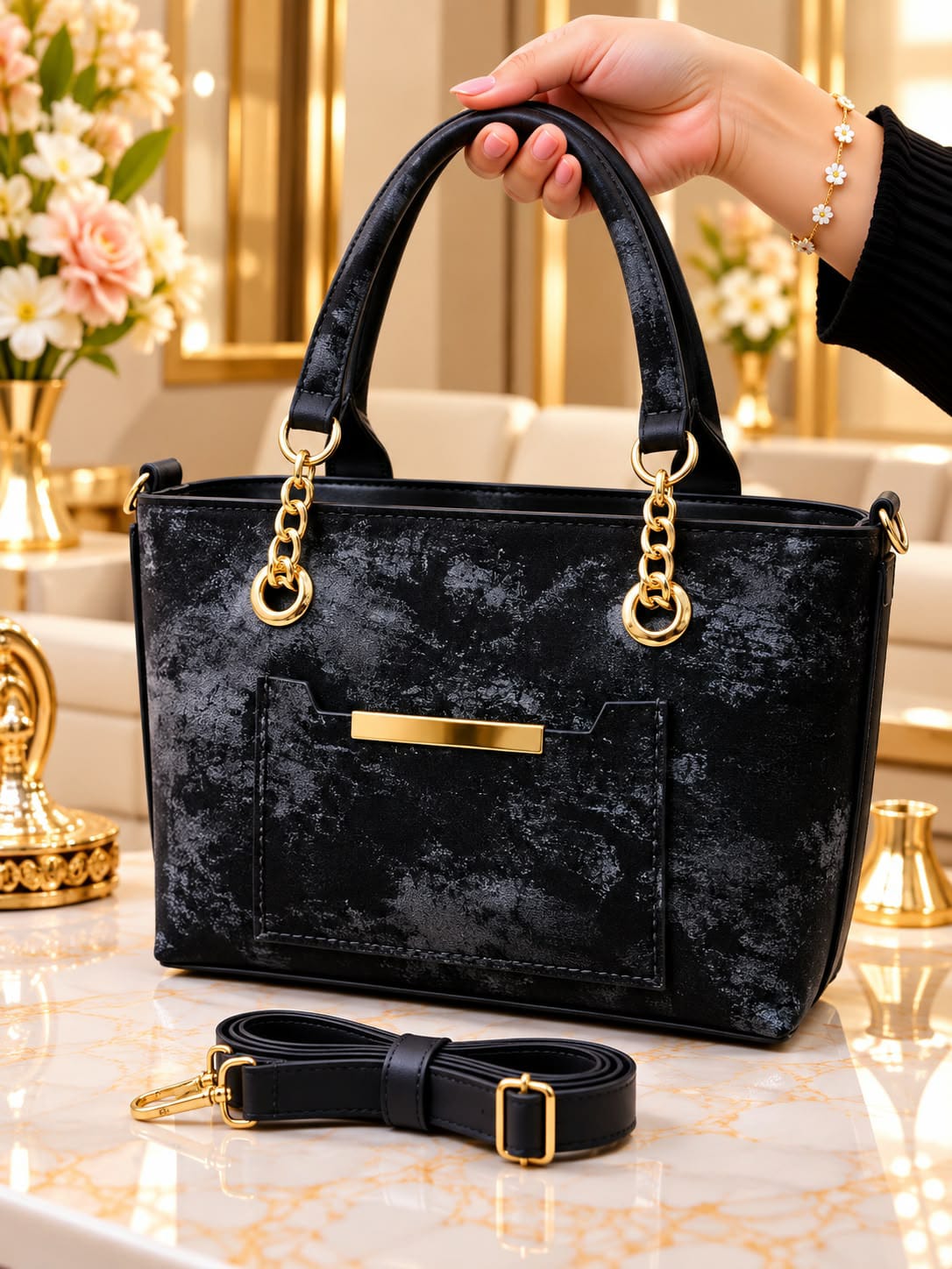 Luxury Women’s Handbag with Gold-Tone Accents – Elegant Double Handles & Adjustable Shoulder Strap