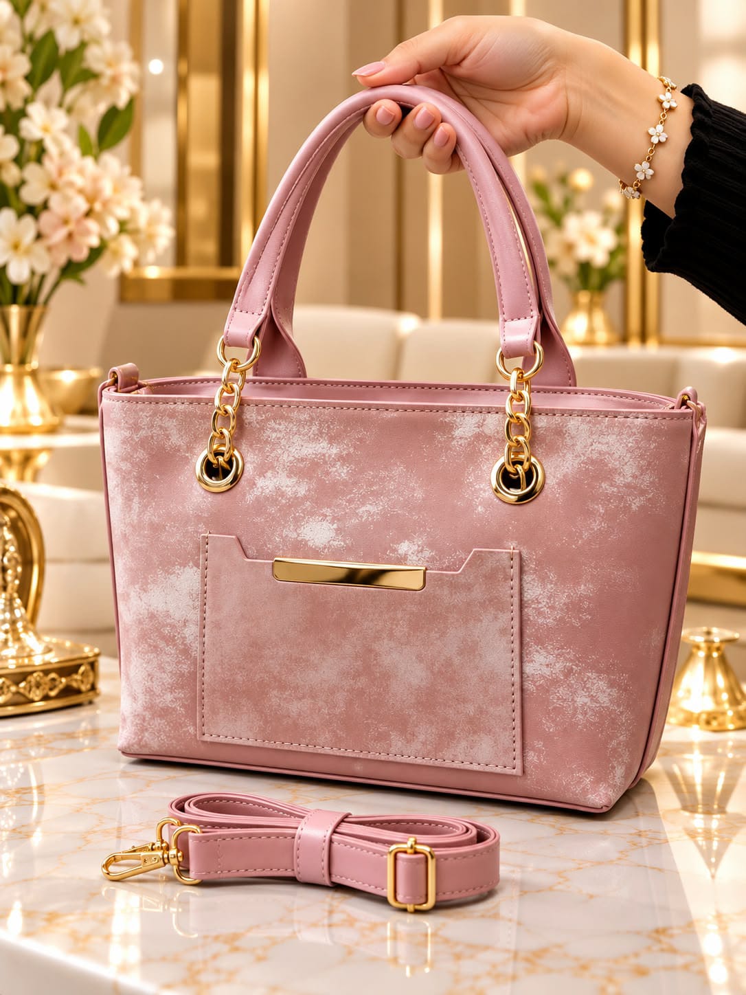 Luxury Women’s Handbag with Gold-Tone Accents – Elegant Double Handles & Adjustable Shoulder Strap