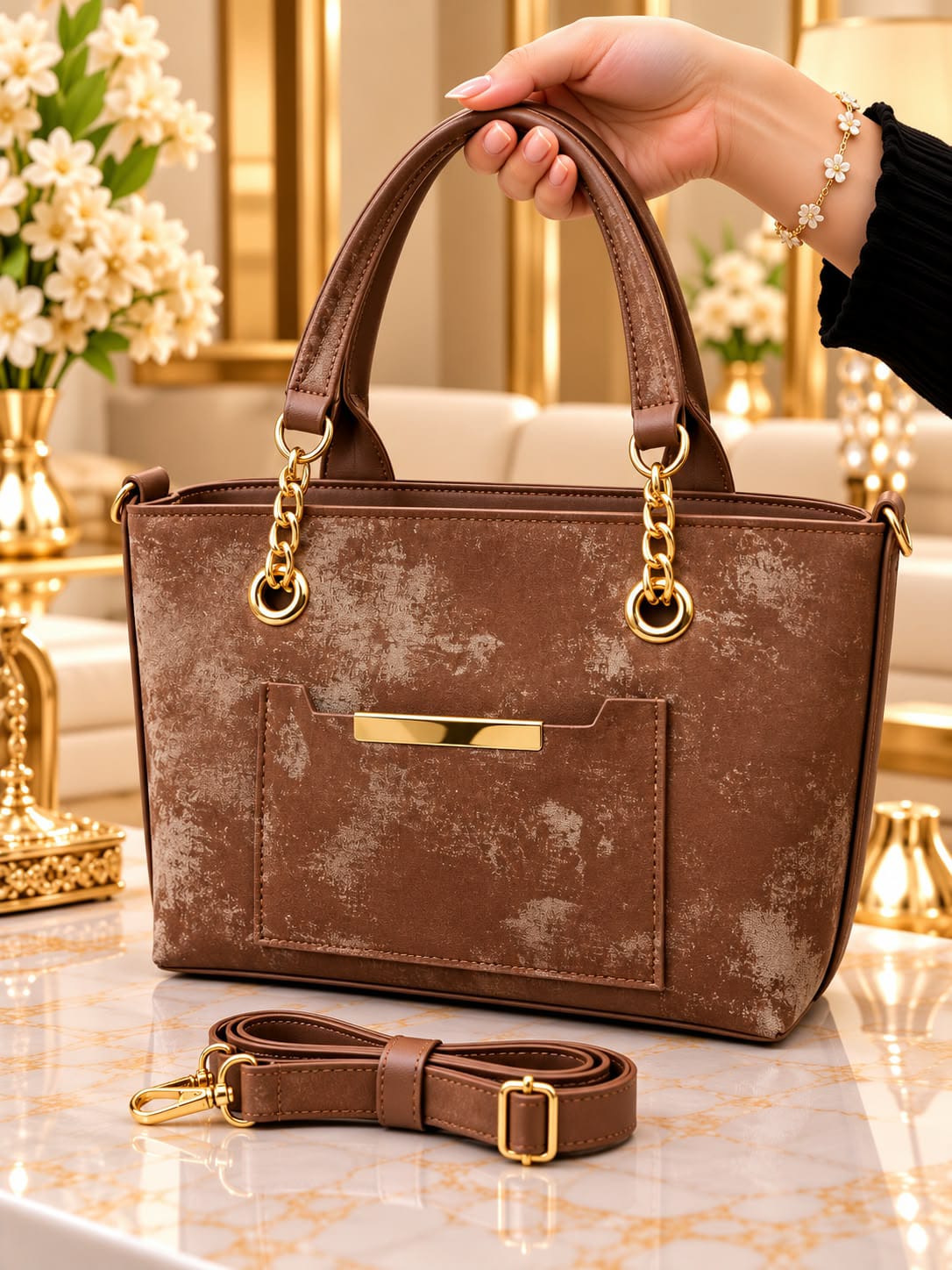 Luxury Women’s Handbag with Gold-Tone Accents – Elegant Double Handles & Adjustable Shoulder Strap