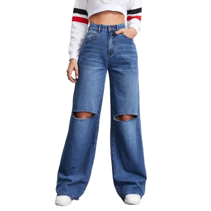 Women Mid Blue High Waist Ripped Wide Leg Denim Jeans Export Quality ZRANZIE