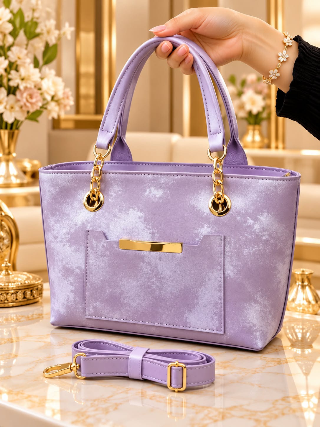 Luxury Women’s Handbag with Gold-Tone Accents – Elegant Double Handles & Adjustable Shoulder Strap