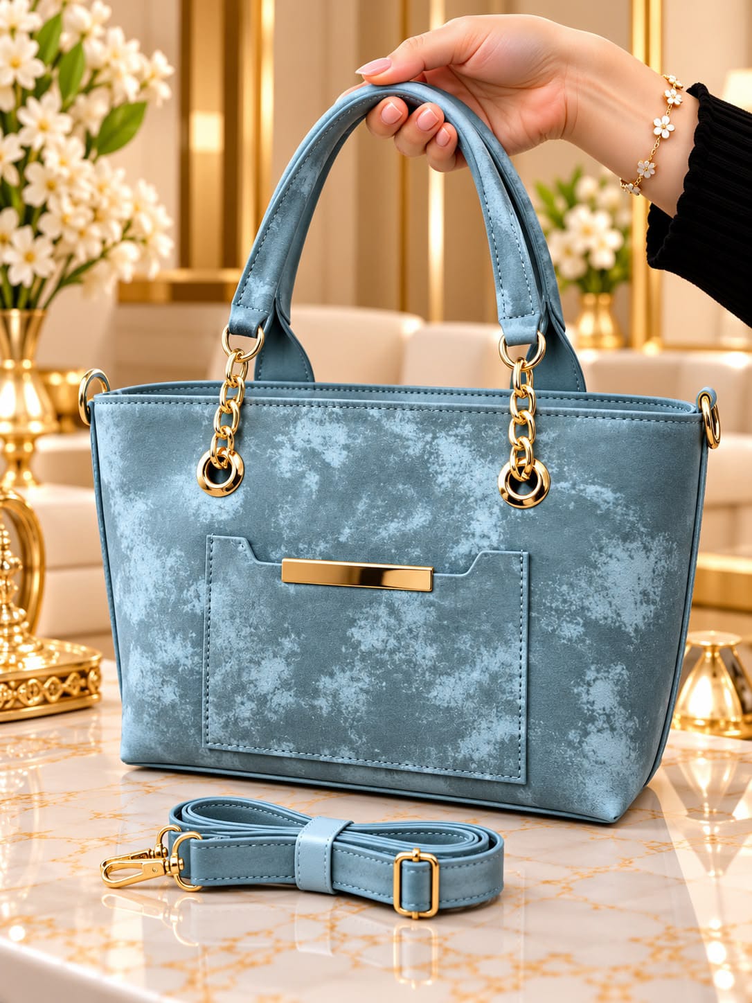 Luxury Women’s Handbag with Gold-Tone Accents – Elegant Double Handles & Adjustable Shoulder Strap