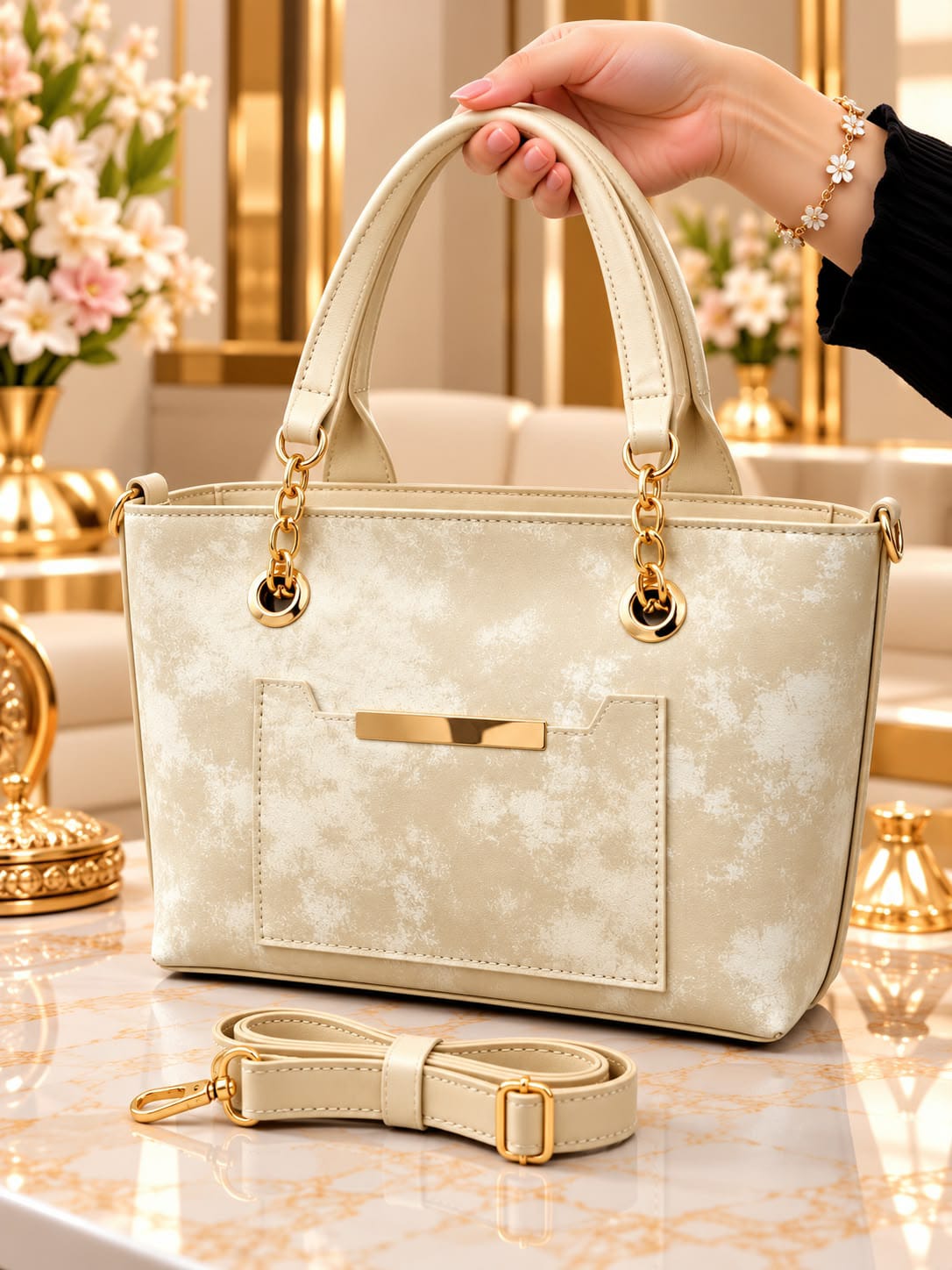 Luxury Women’s Handbag with Gold-Tone Accents – Elegant Double Handles & Adjustable Shoulder Strap