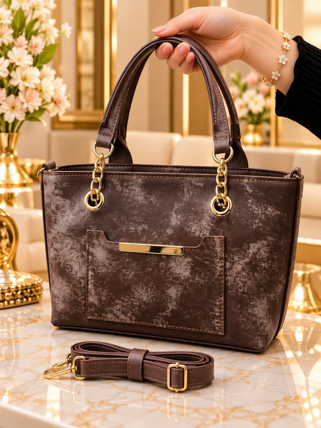 Luxury Women’s Handbag with Gold-Tone Accents – Elegant Double Handles & Adjustable Shoulder Strap