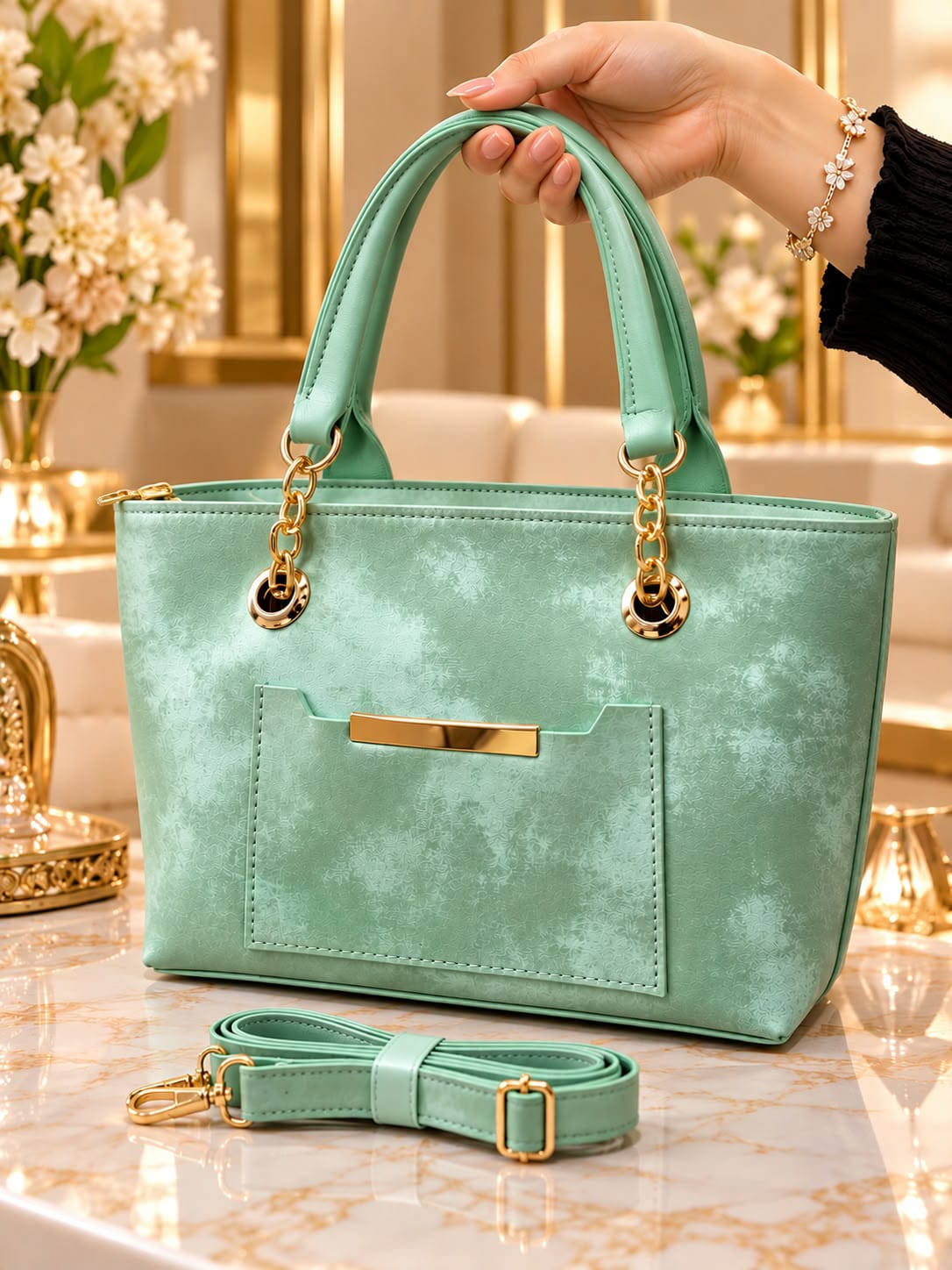 Luxury Women’s Handbag with Gold-Tone Accents – Elegant Double Handles & Adjustable Shoulder Strap