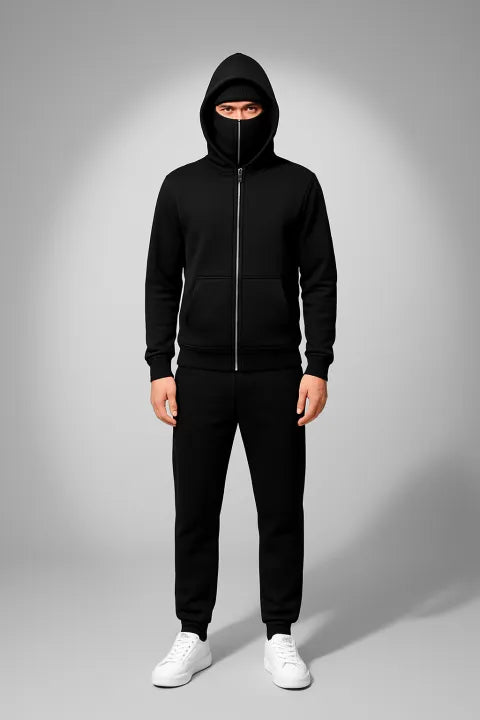 New Black Ninja Balaclava Zipper Hoodies Tracksuit For Men