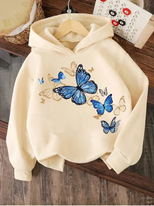 Women’s Cream & Blue Butterfly Graphic Hoodie | Trendy Casual Streetwear